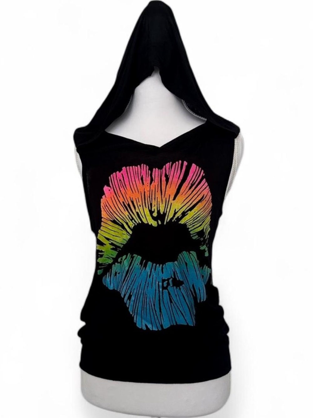 Black Hooded Women’s Tank with Rainbow Lip Graphic